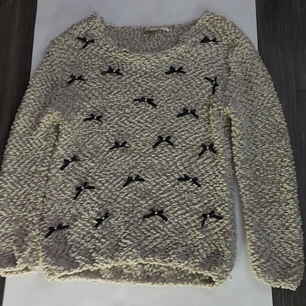 LC Lauren Conrad Popcorn Knit Pearl Bow Sweater M Cozycore Comfy Winter Boho